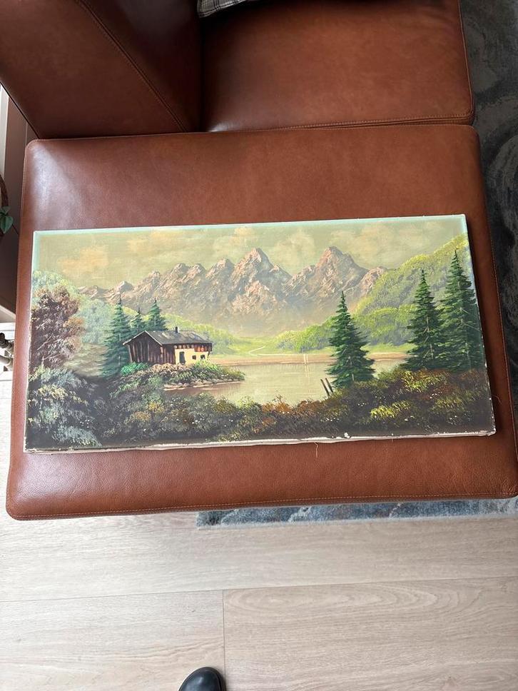 Schilderij: Berglandschap met huis aan het meer, Antiek en Kunst, Kunst | Schilderijen | Klassiek, Ophalen of Verzenden