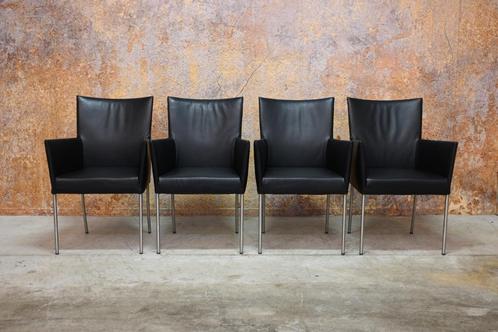 4 zwarte leren Bert Plantagie Arc design eetkamerstoelen, Huis en Inrichting, Stoelen, Zo goed als nieuw, Vier, Leer, Metaal, Zwart