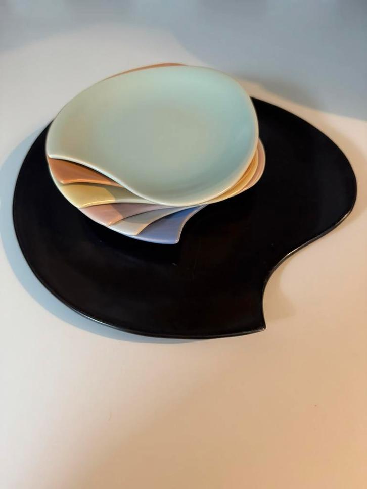 Plateel Pastel Palet Gebakstel gebakset de Driehoek, Huizen, Antiek en Kunst, Antiek | Servies compleet, Ophalen of Verzenden