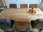Massieve teak eettafel 210 cm stalen poten industrieel 6 ps., Huis en Inrichting, Tafels | Eettafels, Ophalen, Gebruikt, Teakhout