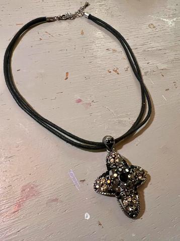 Vintage leren design ketting kruis kettinghanger strass boho beschikbaar voor biedingen
