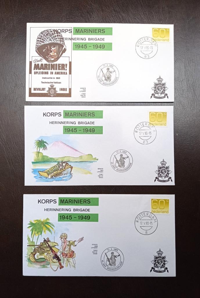 3 FDC Korps Mariniers 1983, herinnering Brigade 1945-1949, Postzegels en Munten, Postzegels | Eerstedagenveloppen, Onbeschreven