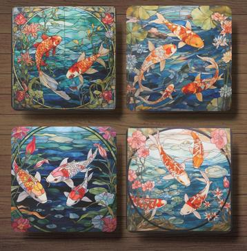 Koi Karper Glas in Lood onderzetters met houder beschikbaar voor biedingen