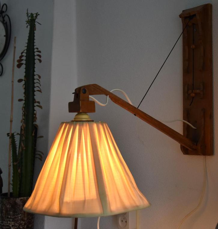 Vintage Hengelwandlamp, Huis en Inrichting, Lampen | Wandlampen, Gebruikt, Glas, Hout, Kunststof, Metaal, Stof, Overige materialen