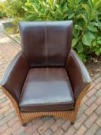 LOYD LOOM FAUTEUIL BRUIN MET LEER EN ROTAN, Ophalen, Gebruikt, Riet of Rotan, 75 tot 100 cm