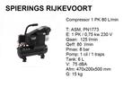 Compressor 1 PK 80 L/min Spierings Rijkevoort, Doe-het-zelf en Verbouw, Compressors, Nieuw, Minder dan 25 liter, Ophalen of Verzenden