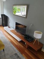 Uitschuifbare Design tvmeubel wit en hout met 2 lades, Ophalen, Zo goed als nieuw, 200 cm of meer, Minder dan 100 cm