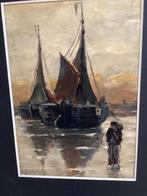 Visser bij twee bomschuiten, Antiek en Kunst, Ophalen of Verzenden