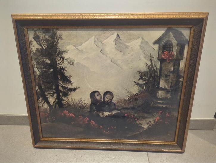 Hummel Schilderij met Kinderen en Berglandschap, Antiek en Kunst, Kunst | Schilderijen | Klassiek, Ophalen of Verzenden