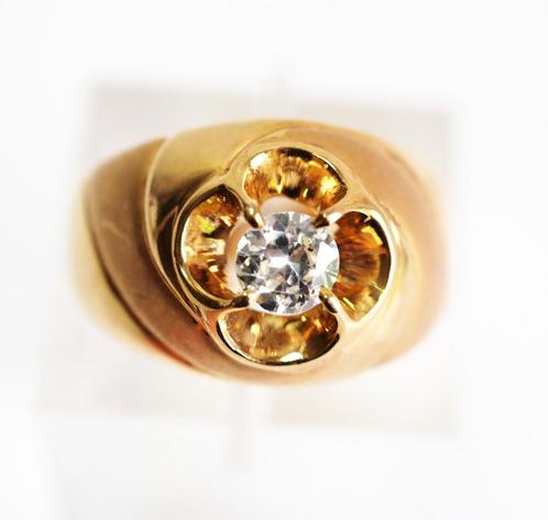 22 krt gouden herenring met grote diamant van 0,43 ct, Sieraden, Tassen en Uiterlijk, Ringen, Zo goed als nieuw, Heer, 19 tot 20