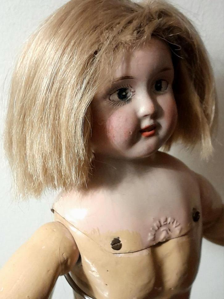 Antieke pop Minerva met metalen hoofd - 38 cm, Antiek en Kunst, Antiek | Speelgoed, Verzenden