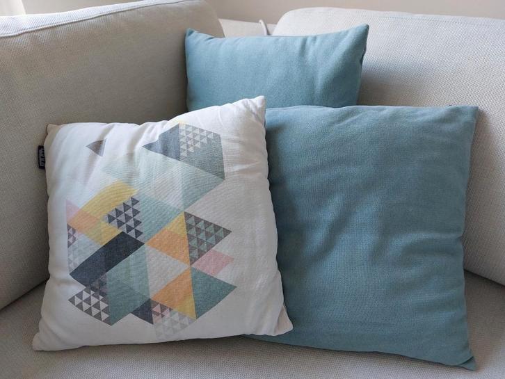 Kussenset van 6 kussens, 4 groen, 2 met print, Huis en Inrichting, Woonaccessoires | Kussens, Gebruikt, Overige kleuren, Vierkant