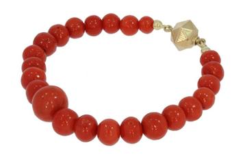 Bloedkoraal dieprode bollen armband 14k gouden slot fraai beschikbaar voor biedingen