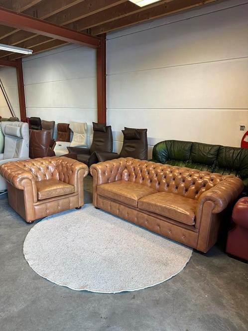 Cognac kleur chesterfield set bankstel bank fauteuil ZGAN, Huis en Inrichting, Fauteuils, Zo goed als nieuw, Leer, 125 cm of meer