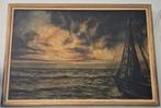 Schilderij schip op zee F. Lauwers 68x96 cm, Antiek en Kunst, Ophalen of Verzenden