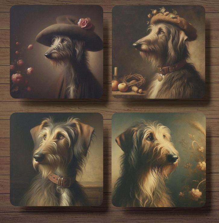 Deerhound Rembrandt stijl onderzetters met houder, Huis en Inrichting, Woonaccessoires | Onderzetters, Nieuw, Glas of Kopje, Ophalen of Verzenden