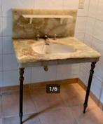 ANTIEK MARMER WASTAFEL MET ACHTERWAND EN KRANEN, Doe-het-zelf en Verbouw, Sanitair, Ophalen, Gebruikt, Steen, Wastafel