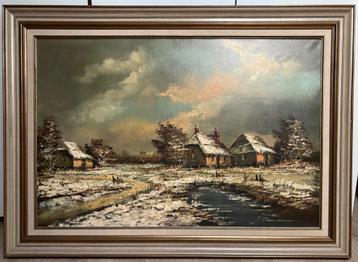 Schilderijen waarvan 2 op doek, 1 aquarel en 2 geborduurd  beschikbaar voor biedingen
