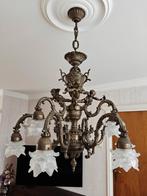 Bronzen hanglamp met 9 kapjes, Huis en Inrichting, Lampen | Kroonluchters, Ophalen, Zo goed als nieuw, Metaal, Barok