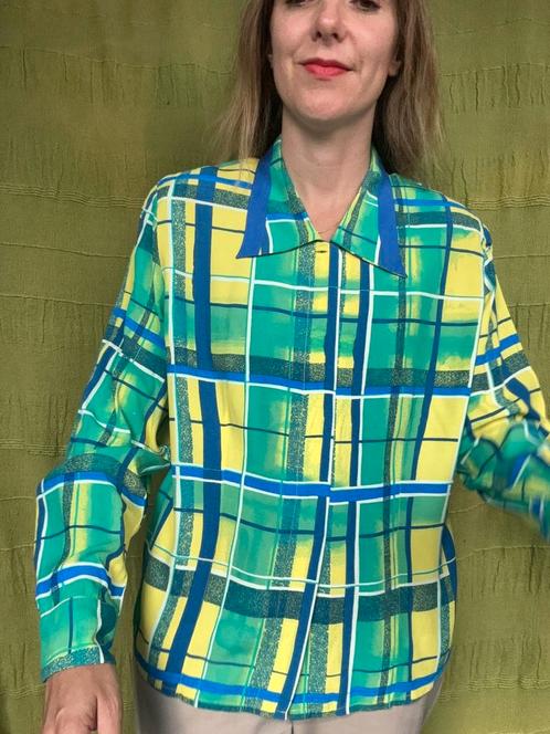 Vintage blouse, maat 42/XL - groen, geel & blauw geruit, Kleding | Dames, Blouses en Tunieken, Gedragen, Maat 42/44 (L), Geel