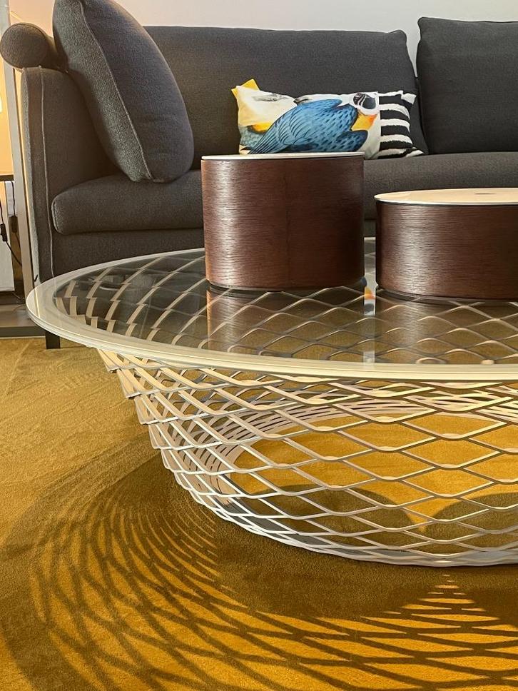 Molteni & C. “Teso” salontafel – glas – geborsteld RVS, Huis en Inrichting, Tafels | Salontafels, Zo goed als nieuw, Minder dan 50 cm