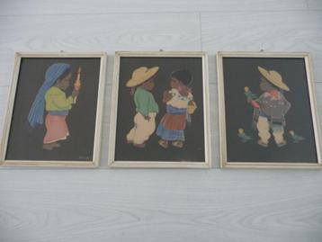 3 schilderijtjes MEXICAANSE KINDEREN, gesigneerd BETANZOS beschikbaar voor biedingen