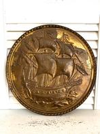 Vintage latoen koperen wandbord met zeilschip, Ophalen