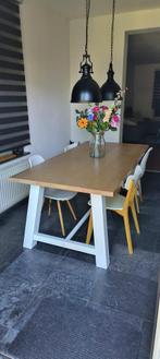 Industriële eettafel met massief eiken blad (incl 5 stoelen), Ophalen, Gebruikt, Eikenhout, 200 cm of meer