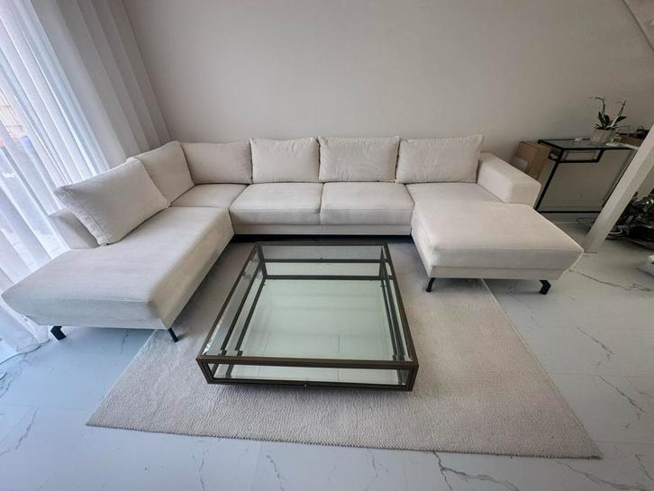 Wit-beige U-bank met strak design – Ruim & comfortabel, Huis en Inrichting, Banken | Complete zithoeken, Zo goed als nieuw, Stof