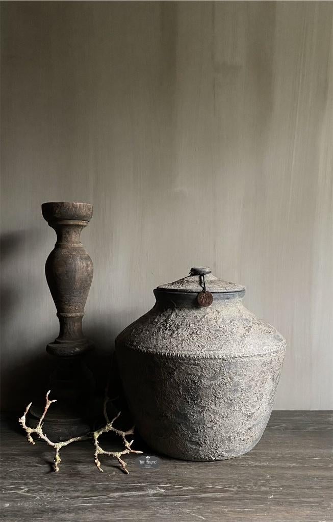 Stenen pot kathmandu kruik deksel stoer sober landelijk, Verzenden, Nieuw, Steen/keramiek, Landelijk