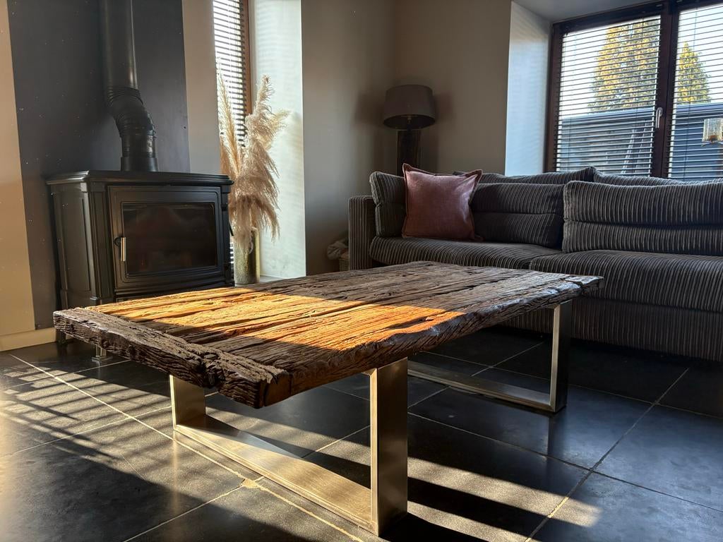 Salontafel Rofra Home - Robuust Hout & Metaal (155 cm), Huis en Inrichting, Ophalen, 50 tot 100 cm, Zo goed als nieuw, 150 tot 200 cm