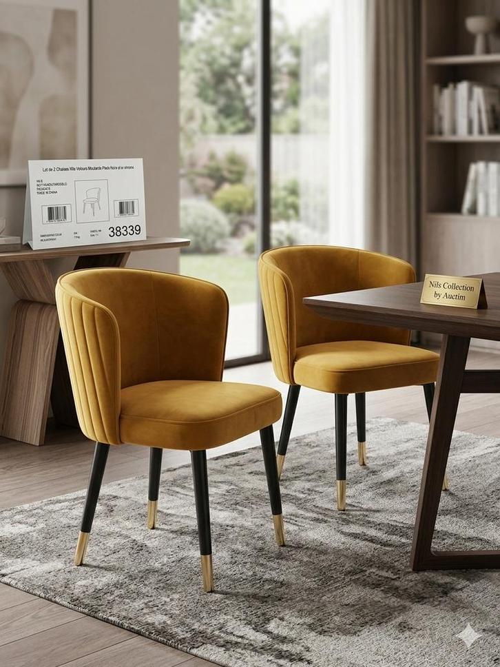 SET VAN 2: Luxe SIA Home  Designstoelen  Mosterdgeel Velours, Huis en Inrichting, Stoelen, Zo goed als nieuw, Twee, Metaal, Overige materialen