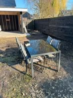 Buitentafel met 4 stoelen en kussens, Tuin en Terras, Ophalen, 4 zitplaatsen, Gebruikt, Eettafel