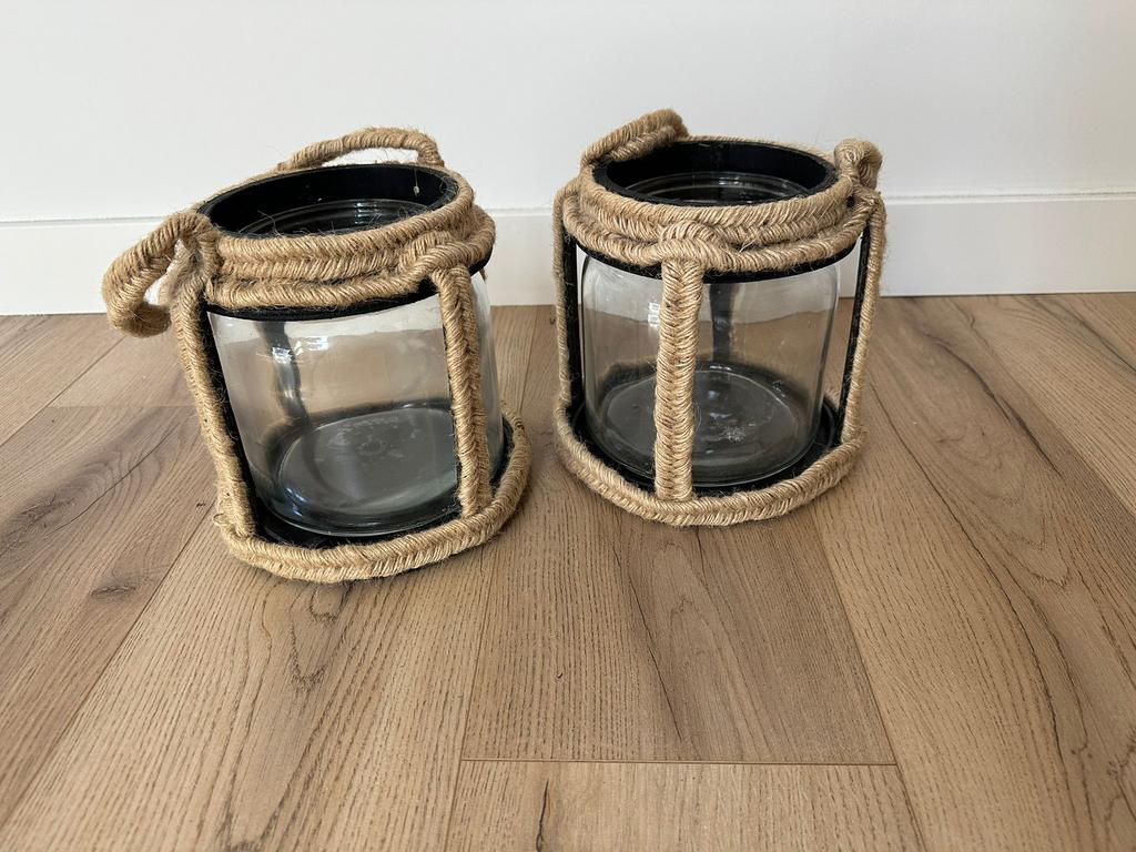2x Kaarsenhouders zwart met touw, Ophalen, Zwart, Zo goed als nieuw, Hout