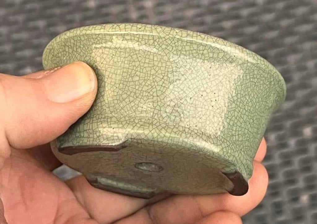 Bonsai pot rond groen geglazuurd craquelé effect 8,4x3,6, Rond, Ophalen of Verzenden, Zo goed als nieuw, Aardewerk