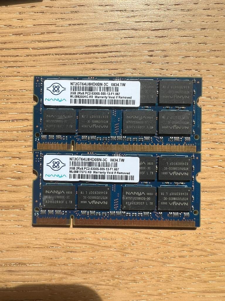 2GB DDR2 Laptop Geheugen- Nanya- (setje van 2), Computers en Software, RAM geheugen, Gebruikt, Laptop, 2 GB, DDR2, Ophalen