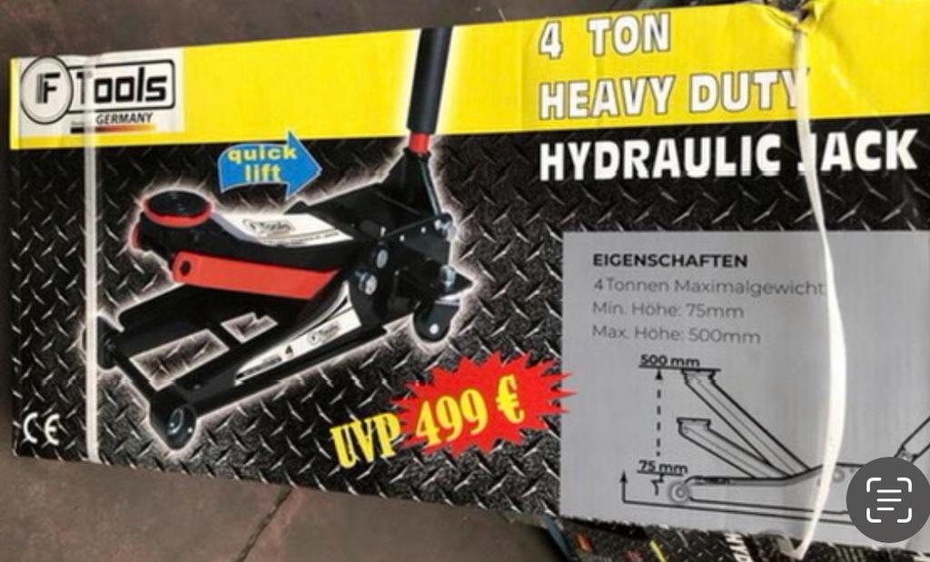 Nieuwe stevige F-Tools/Hüttenberg 4 tons garage krik nu €99, Het goedkoopste adres, Garagekrik, Nieuw, Hydraulisch
