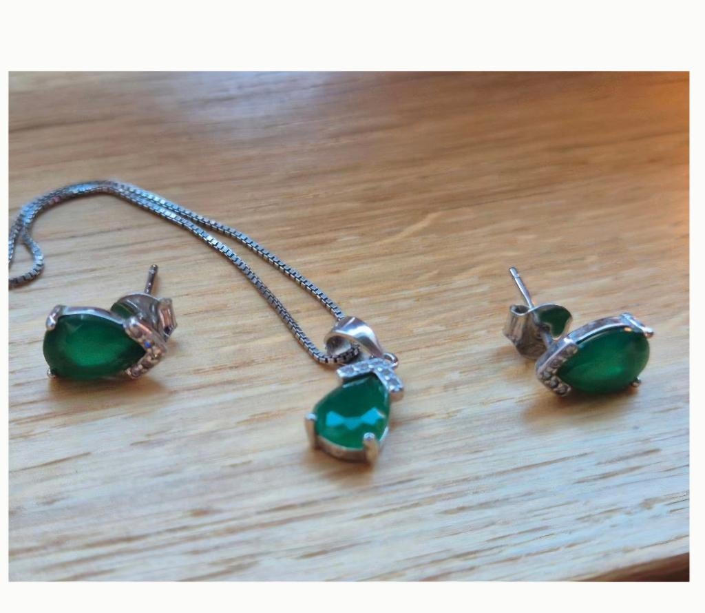 Prachtige 925 zilveren set – ketting met hanger & oorbellen, Sieraden, Tassen en Uiterlijk, Kettingen, Met strass, Nieuw, Ophalen of Verzenden