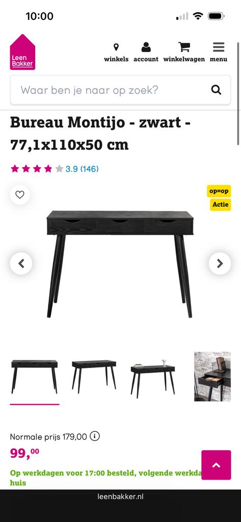 Bureau Montijo - zwart - 77,1x110x50 cm, Huis en Inrichting, Ophalen, Nieuw, 25 tot 50 cm, Rechthoekig