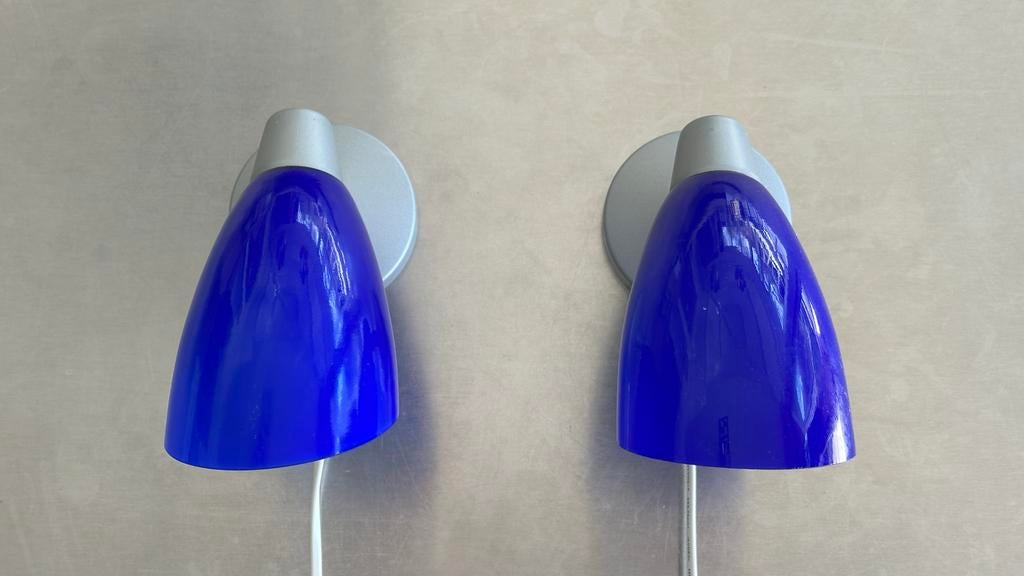 Vintage Ikea 2 wandlampjes, glas blauw., Ophalen of Verzenden, Zo goed als nieuw, Glas, Vintage