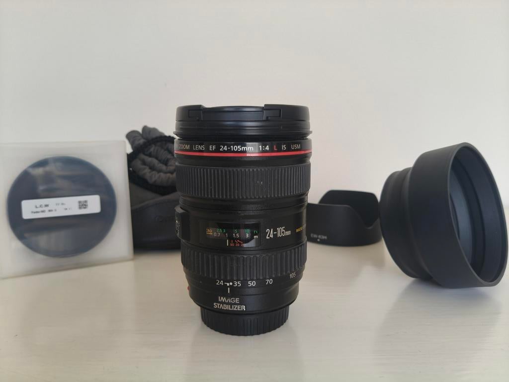 Canon EF 24-105mm f/4 L IS USM + EW-83H + LCW Fader ND + kap, Audio, Tv en Foto, Fotografie | Lenzen en Objectieven, Ophalen of Verzenden
