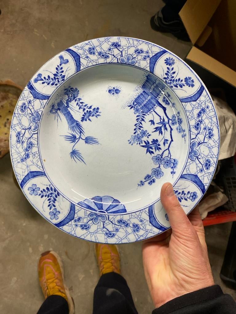 Antiek Criel Montereau 'Japon' diep bord, blauw-wit, Ophalen of Verzenden