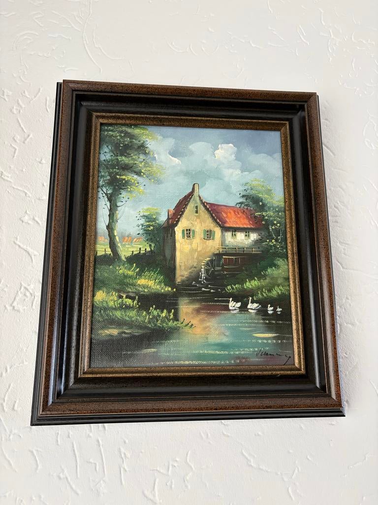 Landschap schilderij huisje met vijver, Antiek en Kunst, Kunst | Schilderijen | Klassiek, Ophalen