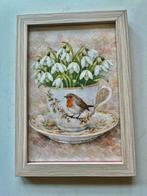 Lijstje Roodborstje, brocante kopje en sneeuwklokjes, Ophalen of Verzenden