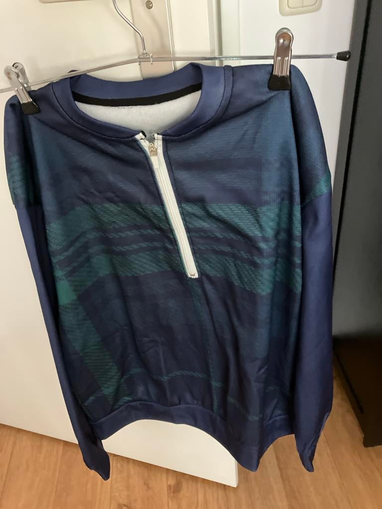 Donkerblauwe trui met rits en ruitpatroon, Ophalen of Verzenden, Zo goed als nieuw, Maat 38/40 (M), Blauw
