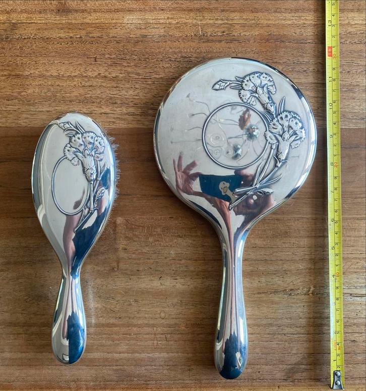 Vintage Gero 90 verzilverd toiletset – spiegel & borstel, Antiek en Kunst, Antiek | Woonaccessoires, Ophalen