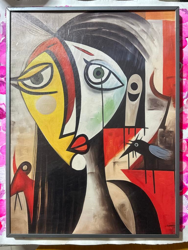Picasso-stijl schilderij op doek met lijst 30x40 cm, Antiek en Kunst, Ophalen of Verzenden