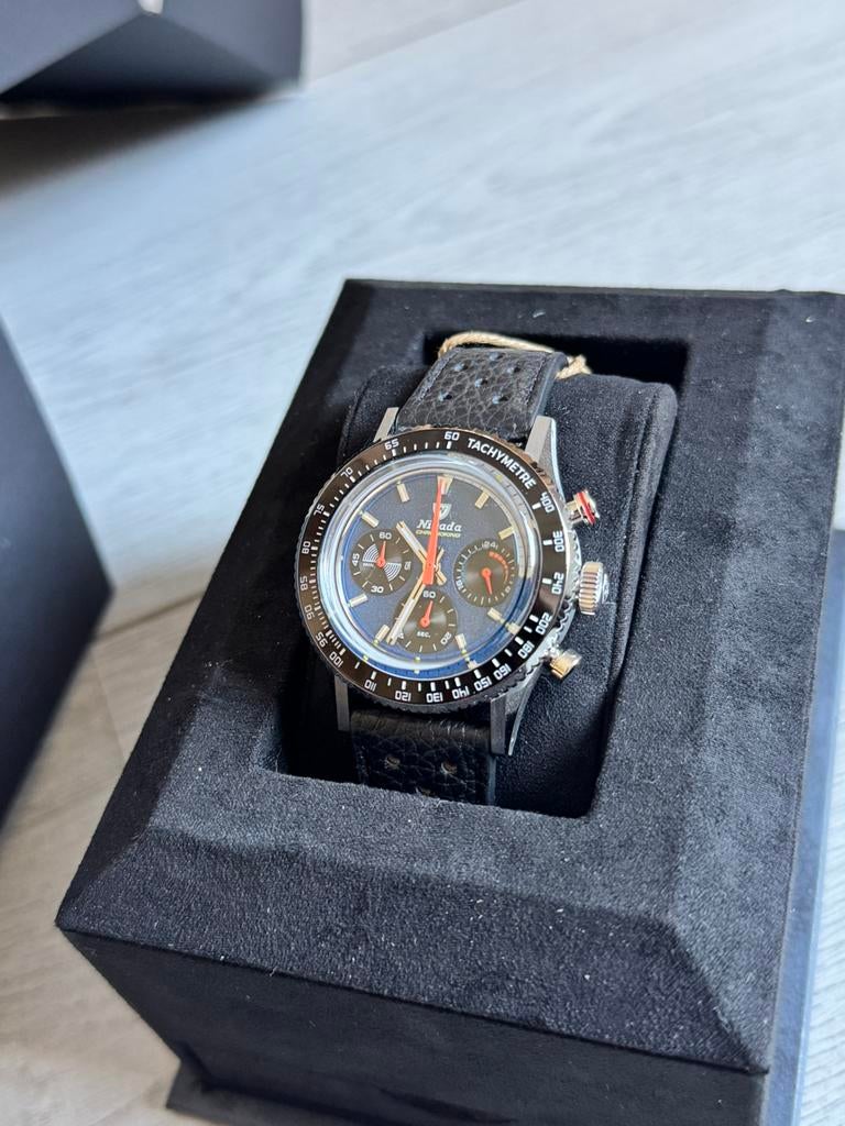 Nivada grenchen chronoking racing blue, Overige merken, Leer, Staal, Polshorloge