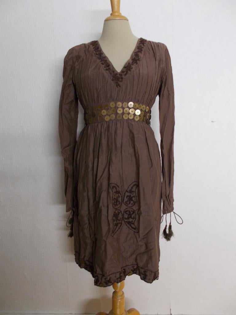Ibiza bruin silk/katoen bewerkt jurkje van Tony Cohen! M, Kleding | Dames, Jurken, Maat 38/40 (M), Bruin, Verzenden, Zo goed als nieuw