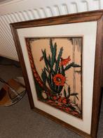 Jan SCHONK Mooie Art Deco houtsnede bloeiende rode cactus, Antiek en Kunst, Kunst | Etsen en Gravures, Verzenden